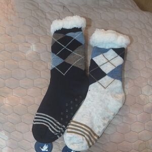 Argyle Patterned Men's Socks - Black and White Sherpa Fleece-Lined Slipper Socks